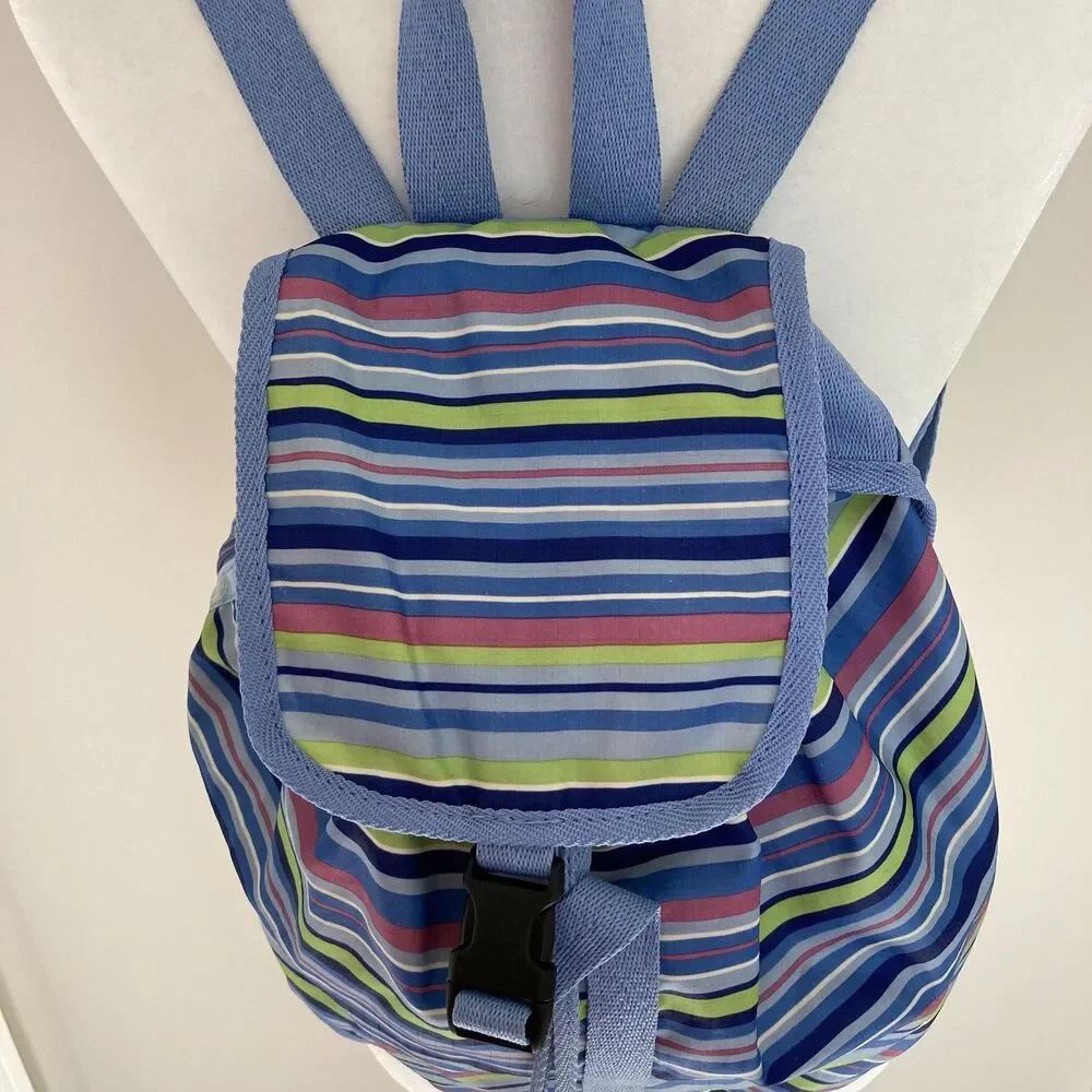 LeSportSac Blue Pink Striped Voyager Drawstring Nylon Small Backpack Bag